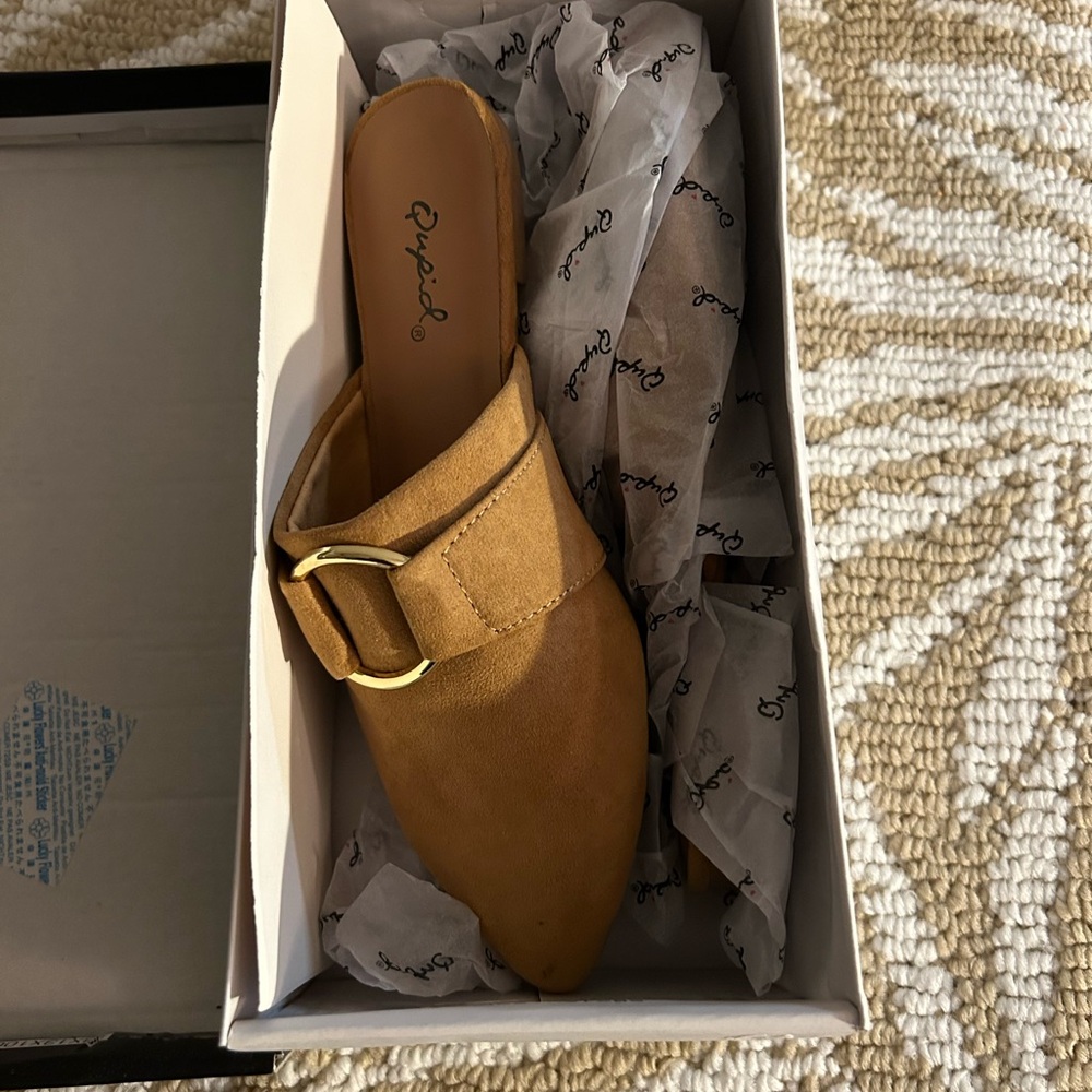 Qupid Tan Gold Mules with Elegant Buckle
